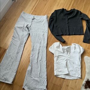 Brandy Melville Bundle white t shirt grey cardigan grey cotton relax fit pants